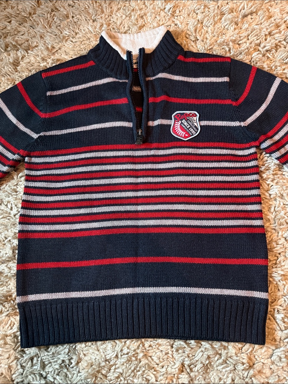 Pepco Boys Size 7-8 Navy Red Striped Quarter-Zip Knit Sweater Pullover